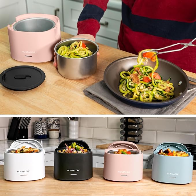 Nostalgia Portable Heated Lunch Box – 2.5-Cup Stainless Steel Food Warmer – Detachable Cord, Leak-Proof Lid, Carry Handle – Portable for Work & Travel – Cherry Blossom