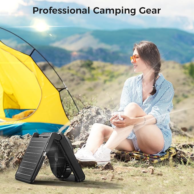 PANERGY Solar Powered Fan, Rechargeable Battery Fan with Detachable Solar Panel, 3 Speeds Portable Camping Fan with Light & Timer, 90°Tilt Desk Fan Strong Airflow for Garage RV Travel Hurricane Outage