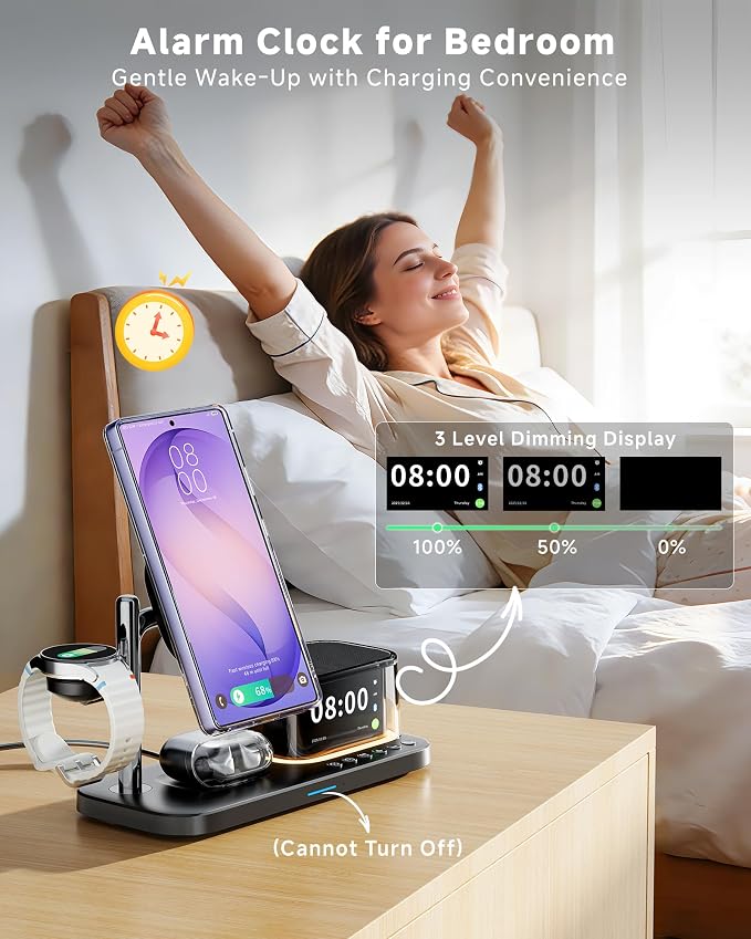 6-in-1 Magnetic Charging Station for Samsung,Qi2.2 25W Fast Wireless Charger for S26 Ultra,Alarm Clock/Night Light/Bluetooth Speaker,Charger Stand for Magsafe for S26 Plus/S25/Z Fold7&Galaxy Watch 8/7
