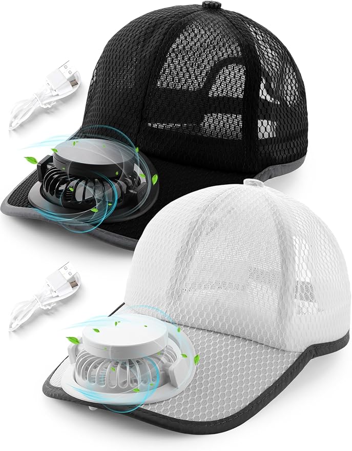 Yaomiao 2 Pcs Solar Baseball Cap with Fan Unisex Sun Protection USB Charging Fan Mesh Hat for Summer Outdoor