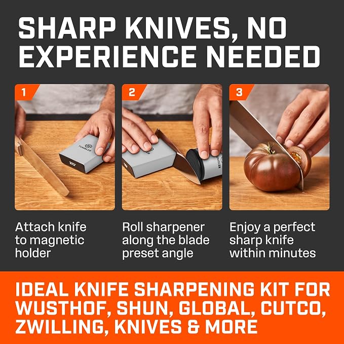 TUMBLER Pro Rolling Knife Sharpener™ - Knife Sharpening Made Easy - Rolling Knife Sharpening Kit with Removable Disc System - Includes 4-Layer Diamond Sharpening Disc & EdgeBoost Ceramic Disc (Grey)