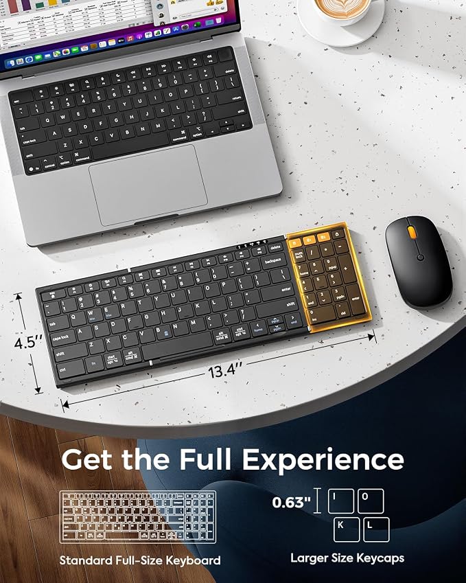 MoKo Foldable Keyboard and Mouse Combo, 2.4G+BT5.0 x 2, Full-Size Portable Folding Bluetooth Keyboard Set for Business Travel, USB-C Rechargeable Wireless Mouse with Bag for Laptop iPad Tablet