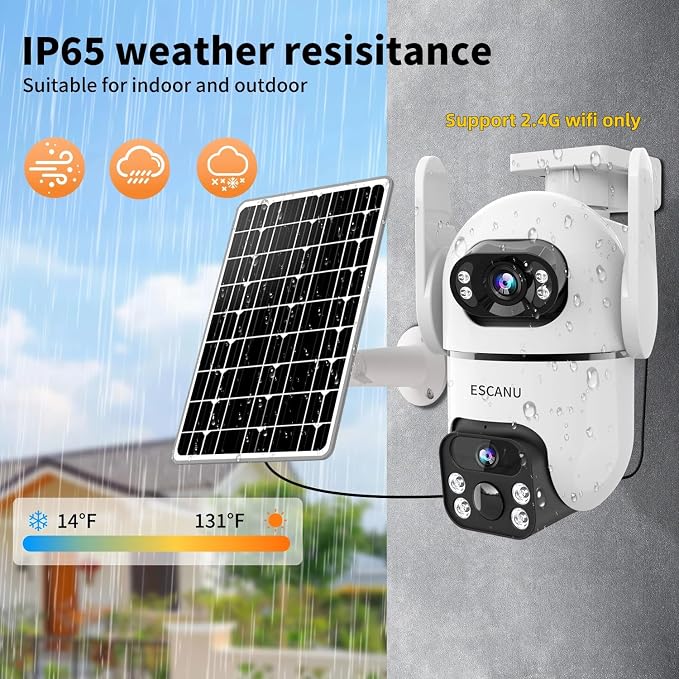 Dual Lens Security Cameras Wireless Outdoor for Home Security, 2K Ultra HD Resolution, 2.4GHz WiFi, 2-Way Audio, Color Night Vision, Motion Detection, PTZ 360 Coverage, No Monthly Fee, IP65 Waterproof
