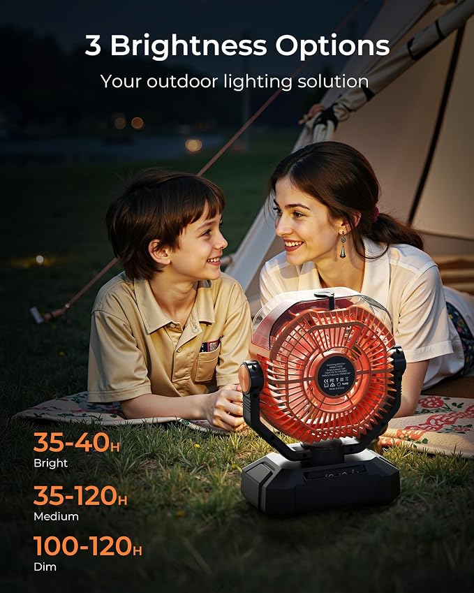 Portable Camping Fan, Misting Desk Fan with Remote, 360ML Water Tank, 16000mAh, 5 Speeds, Timer, 18-70 Working Hours, Battery Operated Fan for RV Camp Hurricane Emergency Orange
