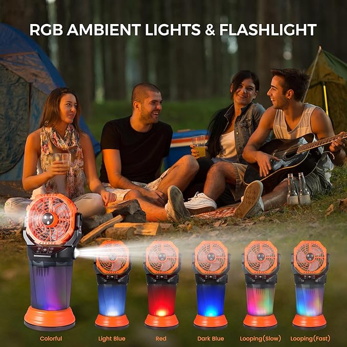 Fotgear Portable Misting Fan - 2026 New Mist Fan with 3 Spray Nozzles, 2 Spray Modes & 2L Water Tank, 20000mAh Battery & Remote, 120° Auto Oscillating, RGB Lights & Flashlight for Camping Patio Beach