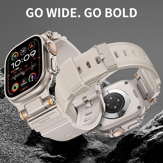 FOAMUNOC Rugged Band Compatible with Apple Watch Ultra 3/2/1 Band 49mm/46mm/45mm/44mm/42mm, Metal Connector with Strap for iWatch Ultra Series 11/10/9/8/7/6/SE3/SE2/SE/5/4/3/2/1, Starlight/Titanium