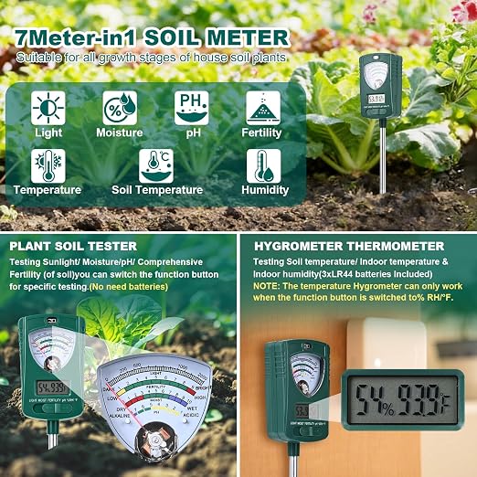 AIKOR 7-in-1 Soil Tester Measures Soil Moisture, pH, Fertility, Light Intensity, Soil Temp, air Temp & Humidity. Pointer & LCD Display. for Garden, Farm, Lawn, Indoor/Outdoor Plant Monitoring.