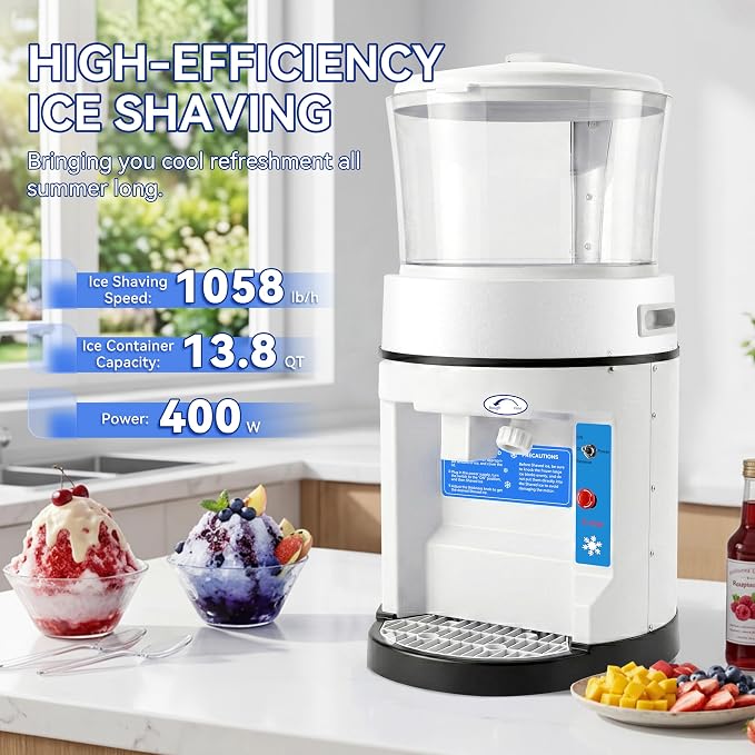 Electric Ice Shaver Machine 400W Commercial Shaved Ice Machine with Safety Switch & Emergency Button, 1058lbs/ Hr Rotate Speed & Strong Power Tabletop for Parties Events Snack Bar(12.6Qt)