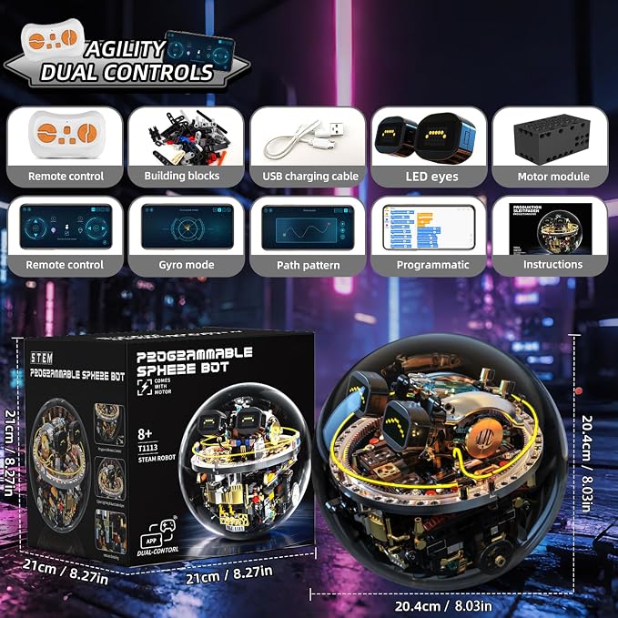 STEM Robot Building Kit for Kids Ages 8-14, 804 PCS Remote & APP Control Spherical Robotics Toy with LED Expressions & Cyberpunk Lights, Programmable Rolling Technic Coding Set, Gift for Boys & Girls