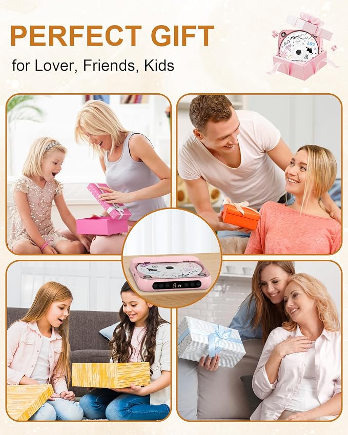 ENVYCLOUD CD Player Portable with Dual Stereo Speakers, Rechargeable Portable CD Player with Bluetooth for Home with Headphones, Support CD/AUX/USB,Pink