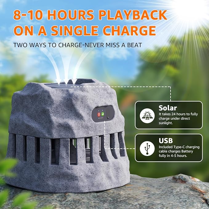 2-Pack Solar Powered Rock Speakers Waterproof Patio 2 in 1 Charging 360° Outdoor Rock Speaker with Lights RGB, IP44 for Pool Party Yard Outside Garden(Grey)