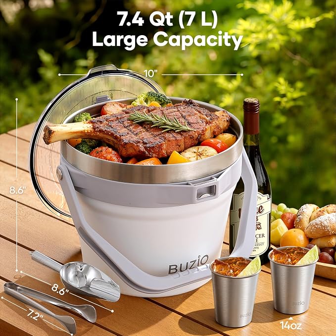 BUZIO 7.4 Qt/7 L Insulated Ice Bucket with Lid, Scoop, Tongs & Metal Cups, 48 Hrs Cold Retention for Party, Stainless Steel Beer Bucket, Holds 6 Longnecks/3 Wine Bottles, for Champagne, White