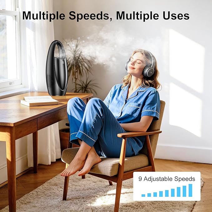 KONSIDEN Bladeless Misting Desk Fan, 13 Inch Rechargeable 3500mAh Quiet Small Personal Table Fan, 9 Speeds & 9H Timer, 60° Oscillation, 180ml Water Tank & Night Light for Bedroom Office Home Outdoor