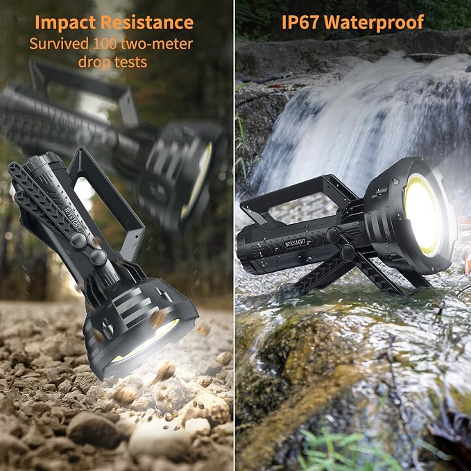 BUYSIGHT 2-in-1 Rechargeable Spotlight & Floodlight, 2000000 Lumens 600Yards Waterproof Handheld Searchlight with COB LED, USB-C Rechargeable Hunting Light with Red Filter (Black Combo)