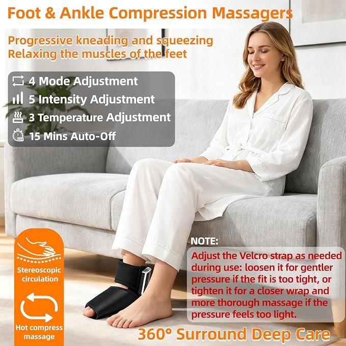 Portable Air Compression Ankle and Foot Massager with Heat for Pain Relief and Circulation, Smart Timer, Cordless Foot Massager for Neuropathy, Gifts for Mom Dad Men Women (Size 6 to 10,1PC)