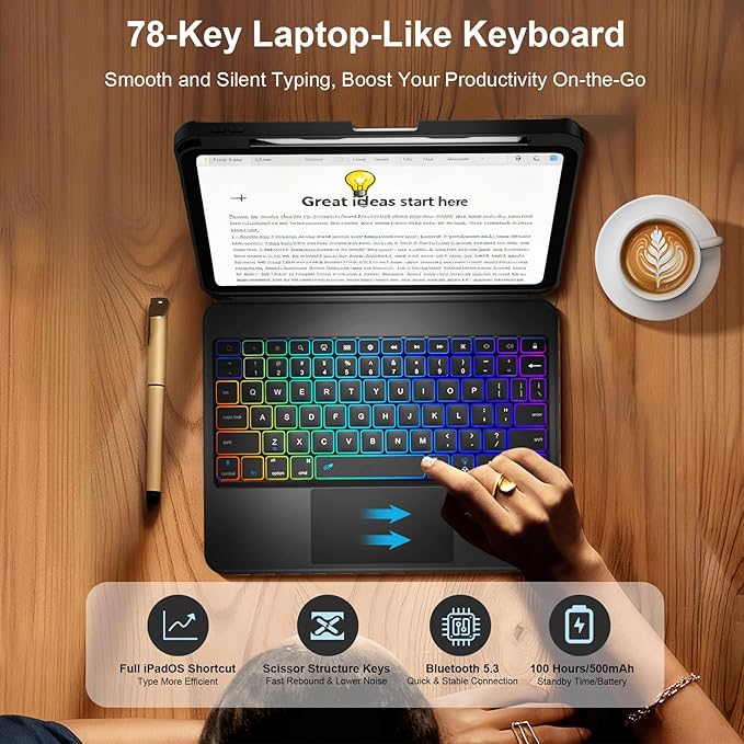 iPad A16 11/10th Generation Case with Keyboard, Air 11 inch (M4/M3/M2, 2026/2025/2024), Magnetic Detachable Backlit Keyboard, Trackpad, 360 Stand, Pencil Holder, Slim for Air 5/4th 10.9" Pro 11(Black)