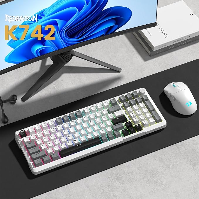 Redragon K742 Wireless Mechanical Gaming Keyboard with Knob, Bluetooth 5.0/2.4GHz/USB C Wired Creamy Keyboard with Number Pad for PC Computer, RGB Backlits, Hot-Swappable with Linear Switches (White)