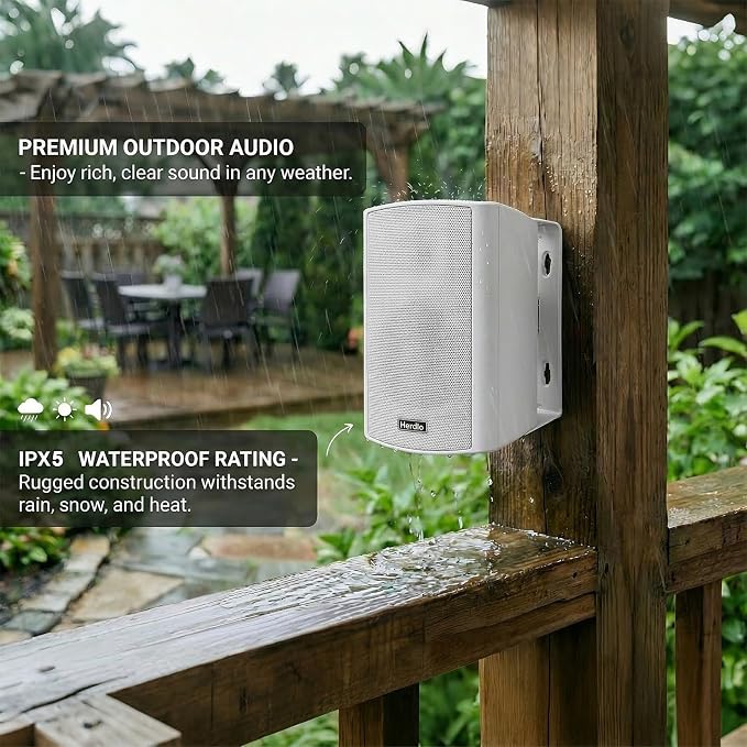 Herdio 5.25" 300W Outdoor Bluetooth Speakers, IPX5 Waterproof Rating and Be Able to Wireless Multi-Connection Up to 20 Units for Patio/Porch/Balcony (White, 2-Pack)