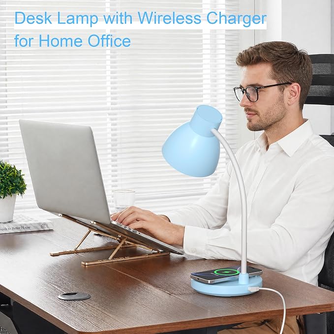 Desk Lamps for Home Office - LED Desk Lamp with Wireless Charger, 3 Color Modes Dimmable Eye-Caring Study Reading Desk Light, Small Flexible Arm Table Lamp for College Dorm Room Bedside, Blue
