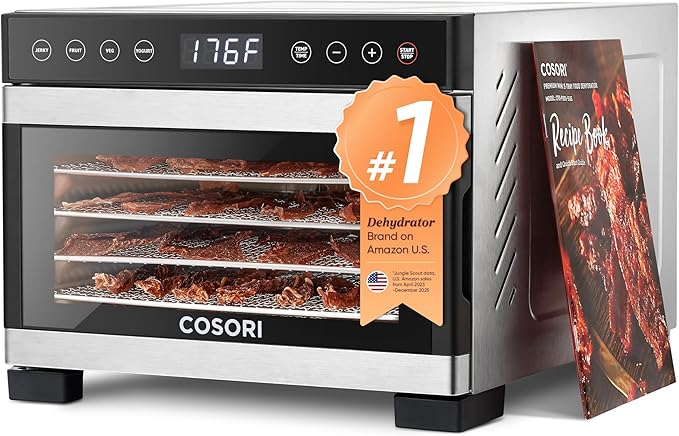 Cosori Food Dehydrator for Jerky, 176°F Temperature Control, 5 Stainless Steel Trays with 3.1 ft² Drying Space, 4 Presets, 48H Timer, for Dog Treats, Meat, Fruit, Veggies, Snacks, Bright-Silver