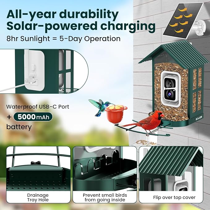 SOLIOM Bird Feeder with Camera, Solar Smart Bird Feeder Camera with AI Bird Identification, 2K HD Live View & Instant Alerts, Squirrel-Proof Metal Outdoor Bird Feeder, Bird Watching Gift Set (Green)