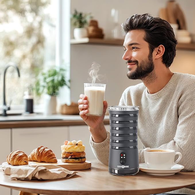 Milk Frother, Paris Rhône 4-in-1 Milk Steamer and Frother, Hot & Cold Foam Milk Warmer with Temperature Control, Auto Shut-Off Frothers for Coffee, Latte, Cappuccino, Macchiato, Grey