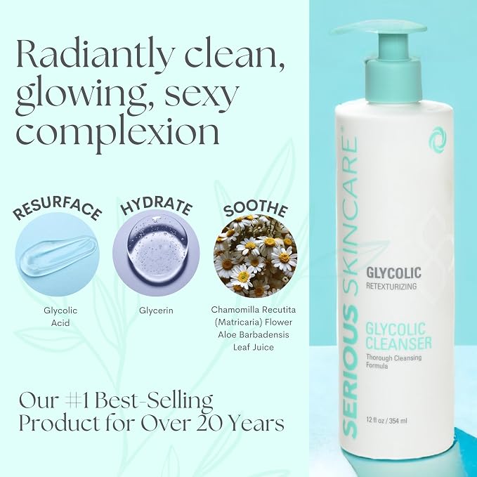 Serious Skincare Glycolic Cleanser, Skin Exfoliating AHA Face Wash + Ultrasonic Facial Brush Tool, 10% Glycolic Acid, Congested Pore Purifying, Removes Makeup, Oil, Blackheads & Impurities 12 oz