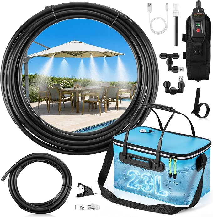 6 Gallon Portable Misting System, 30 FT Cooling Misters with Water Mister Pump Foldable Bucket 8 Mist Nozzles for Outdoor Patios, Golf Carts, Greenhouse, Canopy, Camping, Hiking(Blue)