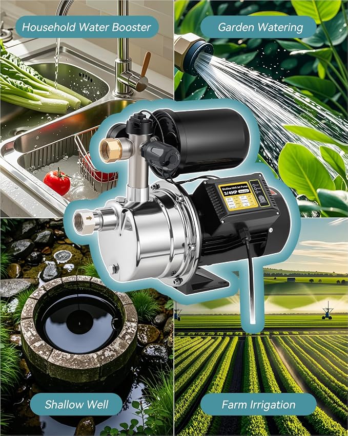 3/4 HP Water Pressure Booster Pump for Home 1050GPH Shallow Well Jet Pump with Pressure Tank Auto ON/OFF Stainless Steel Self-Priming System Pressure Switch for Whole House, Garden, Lawn