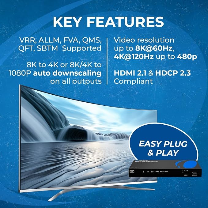 OREI 8K HDMI Splitter 1 X 4, Duplicate/Mirror Any HDMI Signal UltraHD Supports Upto 4K @ 120Hz EDID HDCP 2.3 - (BK-104)