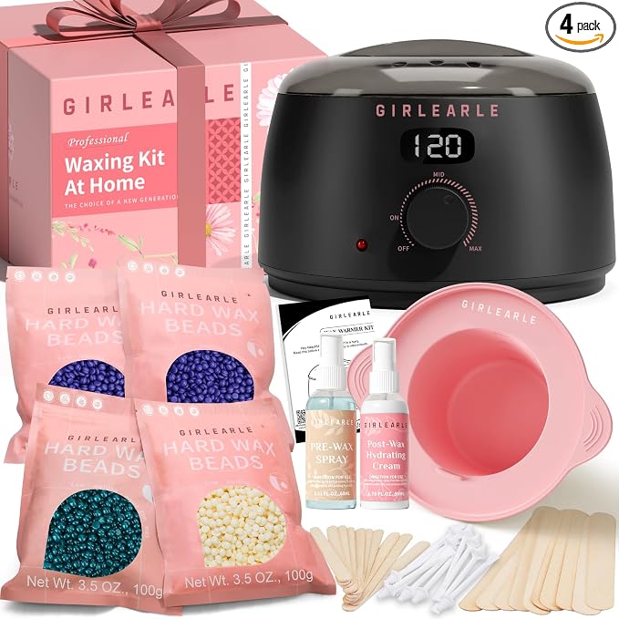 GIRLEARLE Black and Pink Digital Waxing Kit for Women and Men Sensitive Skin, Nose&Ear Wax Kit Hair Removal at Home with Wax Beads & Silicone Pot, Target Different Types of Brazilian Bikini, Facial