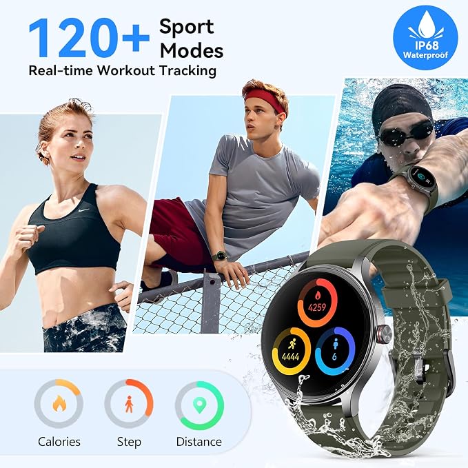 Smart Watches for Women Men, 1.27" Round Fitness Watch for Android iPhone with Bluetooth Calls (Make/Answer), AI Voice Command, Heart Rate/SpO2/Sleep Monitor, 12 Days Battery, IP68 Waterproof