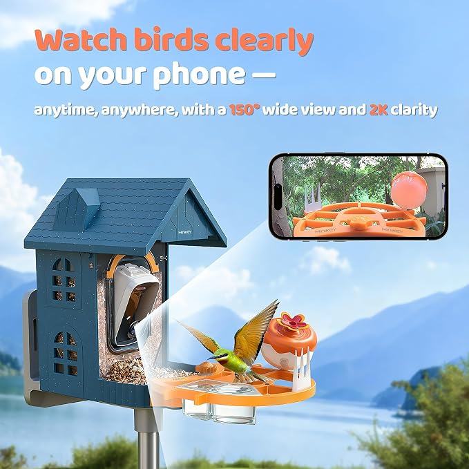 Smart Bird Feeder with Camera Outdoor Birdhouse: AI Identifies 11000+ Species, 2K HD with Arrival Alerts, Attracts Hummingbirds, Solar Powered, Gifts for Bird Lovers Mom Dad