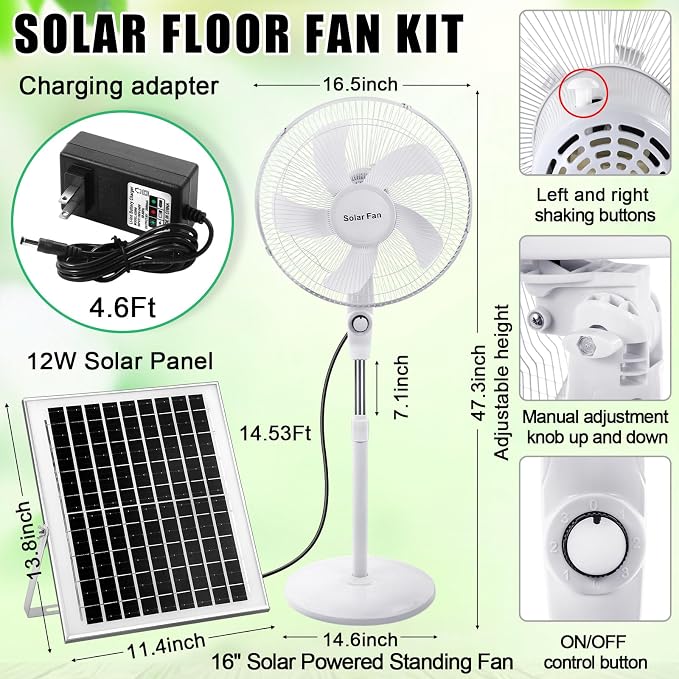 Blosssound 16 Inch Portable Solar Floor Fan Rechargeable Oscillating Standing Pedestal Fan with Solar Panel, 12000mah Battery, Two Charging Methods, 3 Speeds for Home Office Outdoor(White)