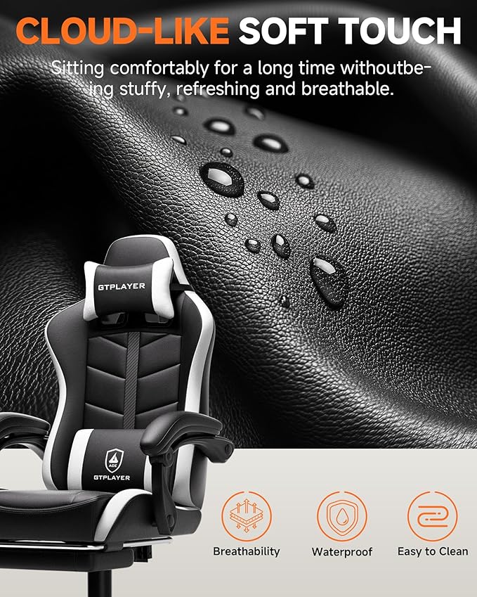 GTPLAYER Gaming Chair, Ergonomic Computer Office Chairs for Adults with Footrest, Height Adjustable, Linkage Armrests, 90-155° Recline & Headrest Lumbar Support, Black & White