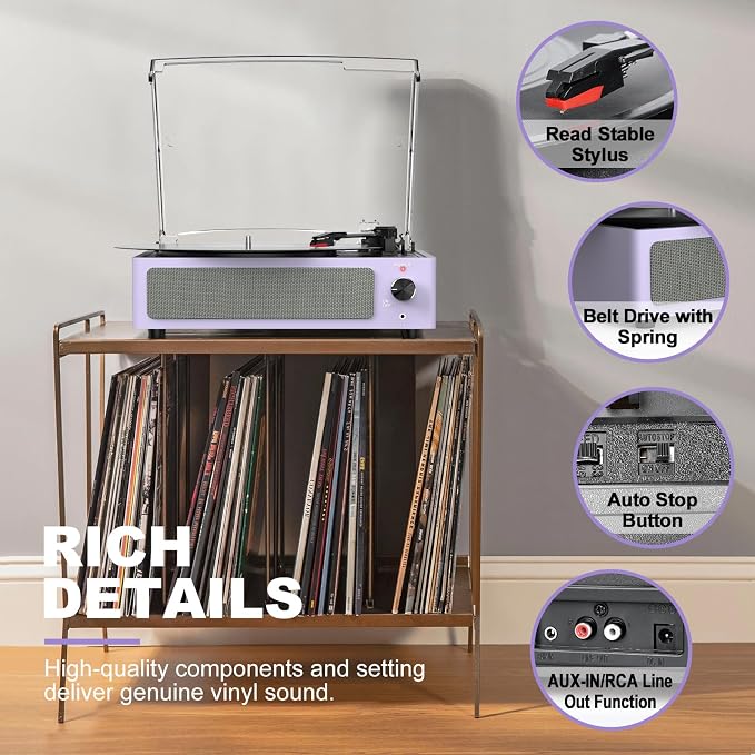 Turntable Vinyl Record Players New Sleek Turn Tables with Speakers Belt-Driven All-in-one LP Phonograph 3-Speed Bluetooth Wireless Playback Headphone AUX RCA Auto Stop Pale Light Purple