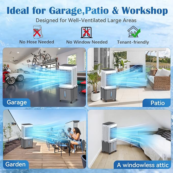 Swamp Cooler, [8GAL|2237 CFM] Portable Air Conditioners, 2 Modes 3 Speeds Portable AC Blow Cold Air, 120° Swing & 7H Timer, 30H+ Cooling, Windowless Air Conditioner w/Remote for Room, Office, Patio