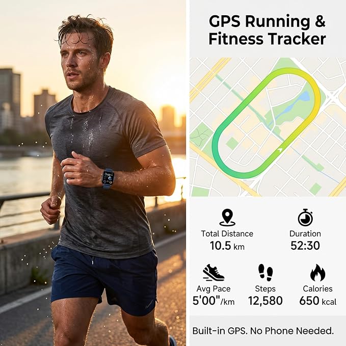 2026 Distance & Pace GPS Running Watch for Runners - Call & Text, AMOLED Large Screen, 50m Waterproof Swimming, Calorie & Step Counter, 2 Bands, Long Battery, for Seniors Men Women（Blue）