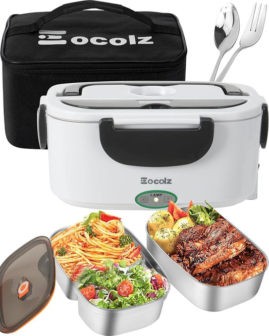 Eocolz Electric Lunch Box Food Heater 60-80W for Adults, Portable Food Warmer Heated Lunch Box for Car Truck Work with 1.5L Stainless Steel Container Fork & Spoon 12/24/110V Lonchera Eléctrica