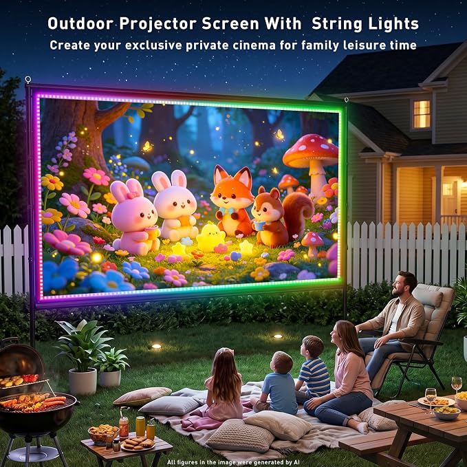 120 inch Outdoor Projection Screen with Stand, Smart RGB+IC String Lights, 4K 16:9 Wrinkle Wind Resistant Movie Screen, Foldable Portable Projector Screen for Backyard Camping Home Theater