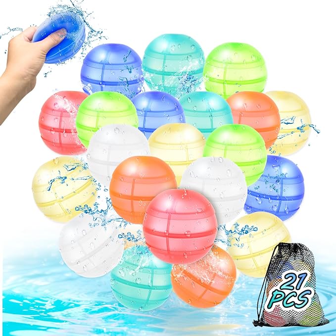Reusable Water Balloons for Kids & Adults, 21 Pack Refillable Silicone Water Balloons – Quick Fill, Auto Sealing Water Balloon for Pool, Summer Toys Beach Toys for Outdoor Idea Gift, Party Supplies