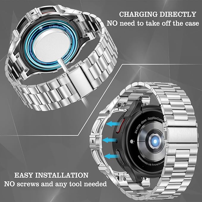 SUPLINK Stainless Steel Case and Bands Compatible Samsung Galaxy Watch 5 Pro Bands 45mm, Solid Metal Protective Rugged Case Adjustable Band for Samsung Watch 5 pro Men Business, Silver