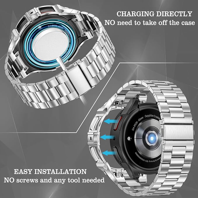 SUPLINK Stainless Steel Case and Band Compatible with Galaxy Watch 6 Band 44mm, Rugged Metal Protective Case Strap for Samsung Watch 6 Bands Men, Silver