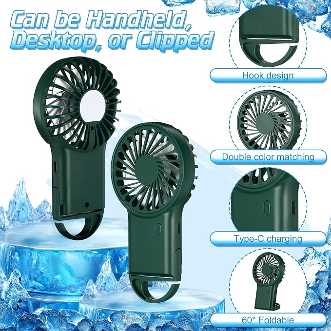 VIHOSE 4 Pcs Portable Hanging Fan, 3 Speeds Personal Rechargeable Desk Hand Held Small Fan with D Metal Hook for Cooling Small Personal Hands Outdoor Travel (Dark Green)