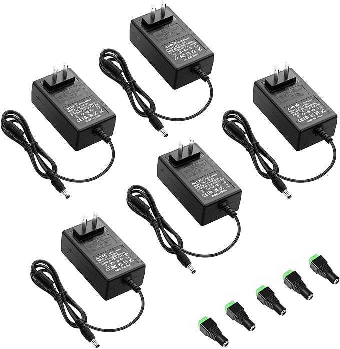 ALITOVE 12 Volt Power Supply 2.5A 30W Power Adapter AC 100~240V to DC 12V Converter 4.92FT Power Cord with 5.5 x 2.5mm DC Plug for LED Strip Lights CCTV Camera Routers Sceptre Monitor (5 Pack)