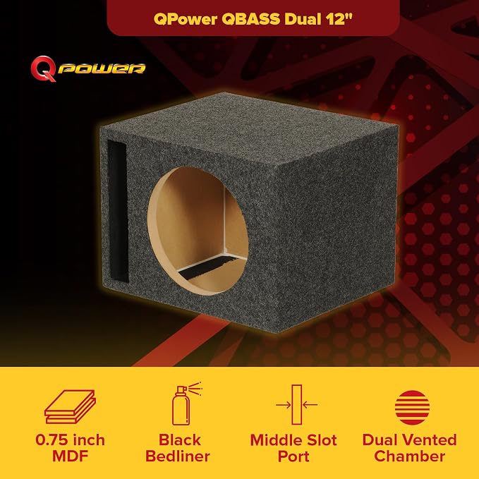 QPower Single Car Audio Subwoofer Box with Vented Design, Fits Most 12-Inch Subwoofers – Deep Bass MDF Enclosure for with Charcoal Gray Carpet, Tuned to 42 Hertz, 1.65 Cu Ft Air Space