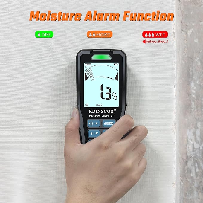 Pinless Moisture Meter for Drywall & Concrete, Black | Digital Drywall Moisture Tester, 3-Color Indicator Light, Audible Alarm & HOLD Function,Rechargeable USB