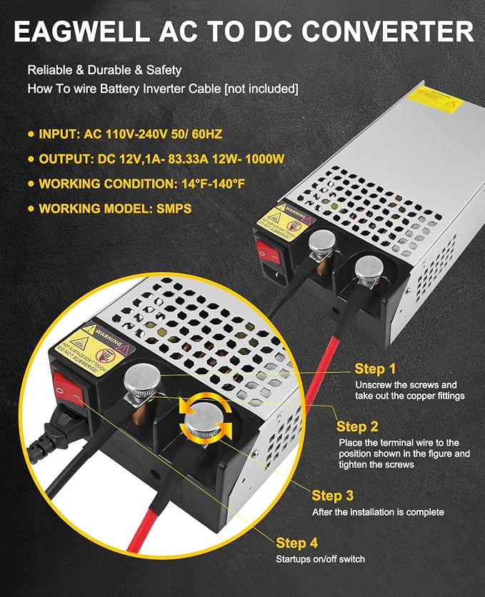 EAGWELL 12V Power Supply 1000W, Universal SMPS 120V AC to 12V DC Converter Switching Power Supply DC Transformer Driver Adapter for Diesel Heater, RV,Pump, LCD Monitor