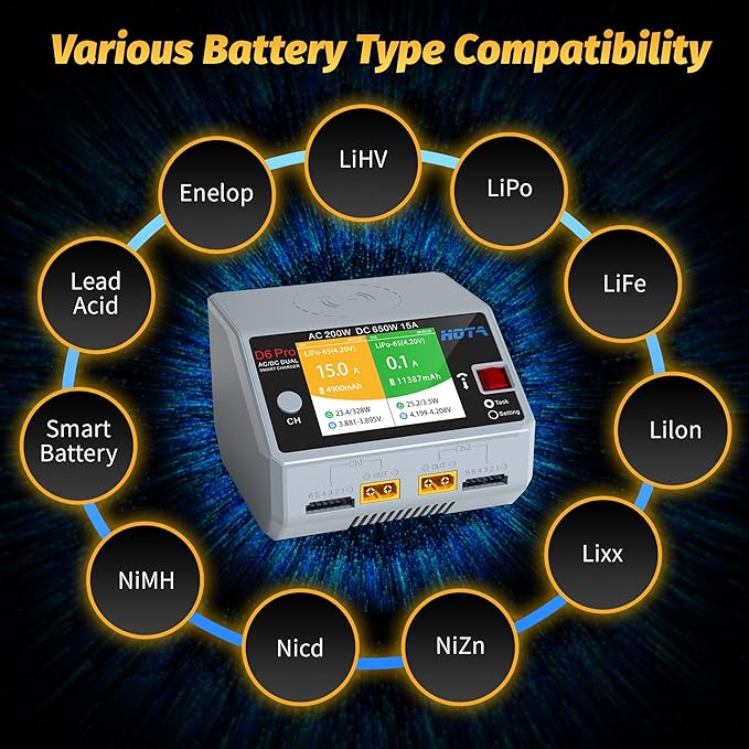 HOTA D6 Pro RC Battery AC200W DC 325W Dual RC Charger 15A Balance Charger for RC 1S 2S 3S 4S 5S 6S Lipo Batteries LiHv Nicd NiMH Battery Charging RC Car, Boat, FPV Race Drone Parts