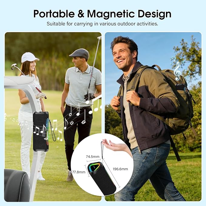 Magnetic Bluetooth Speaker for Golf Cart, 24H Playtime, IPX7 Waterproof, Wireless Outdoor Portable Speakers with Strong Magnet, Loud Stereo Sound for Golf, Bike, Camping, Party, Beach, Gifts for Men